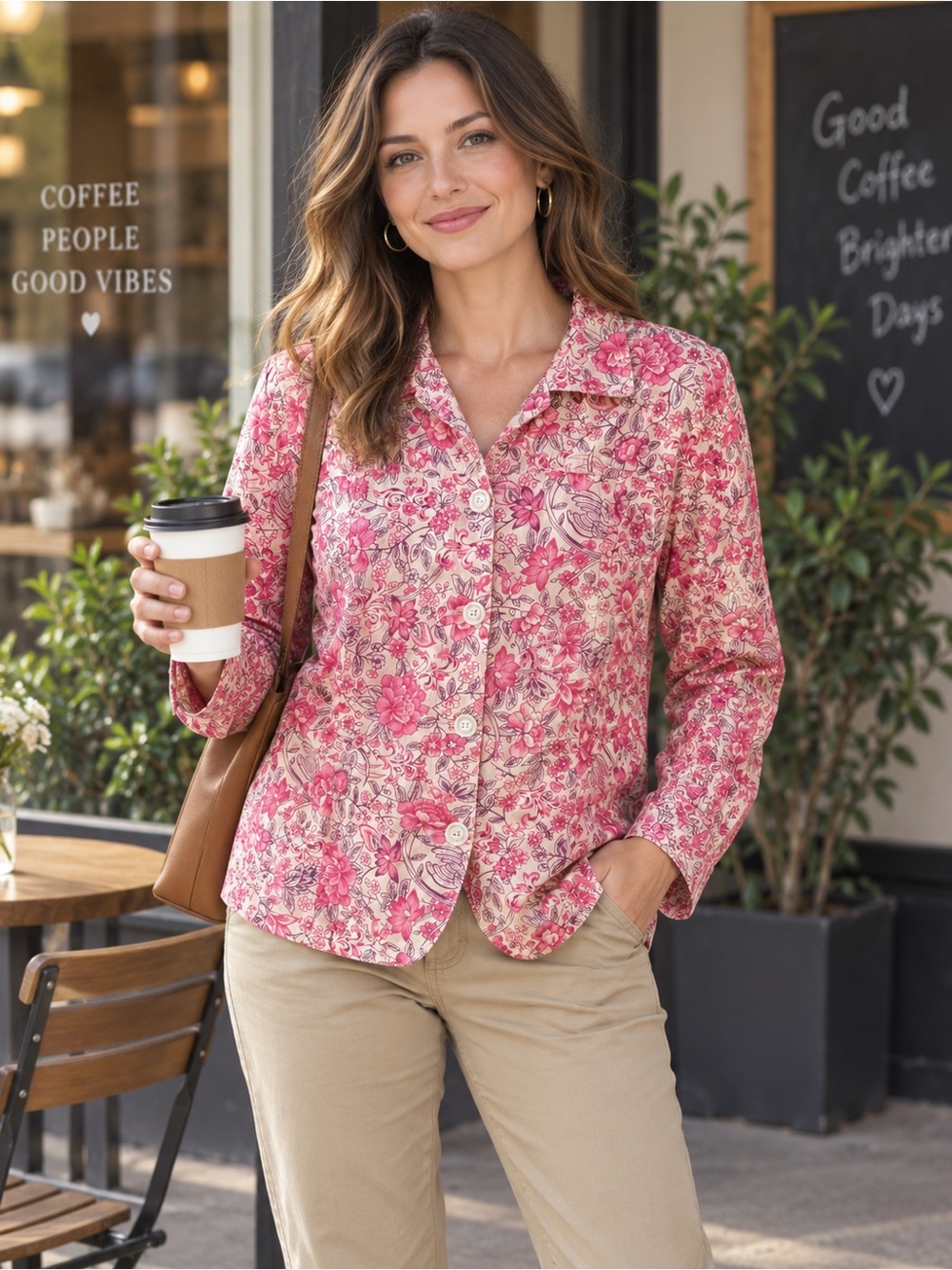 Coldwater Creek Pink Floral Button-Down Shirt 100% Cotton Blazer Cottagecore